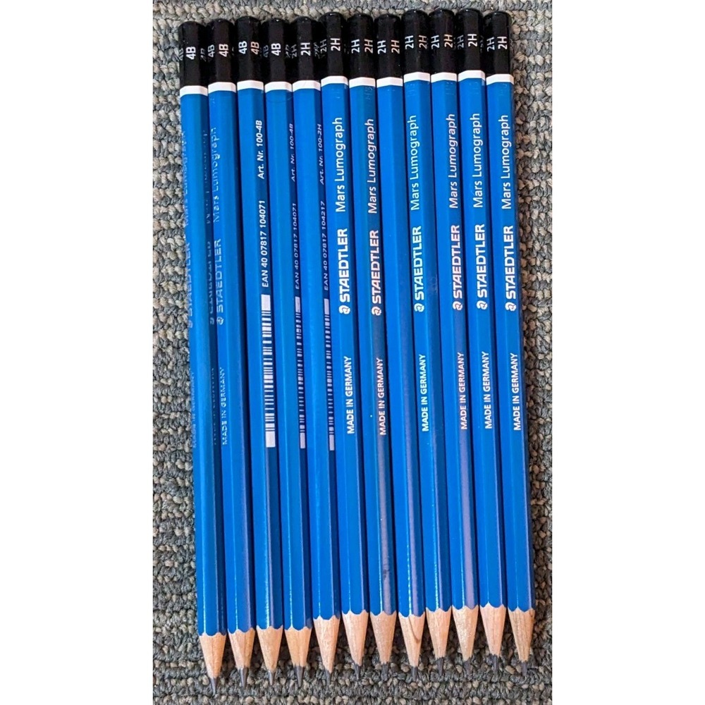 12 Staedtler Mars Lumograph Pencils 2H 4B Sketching Drawing Germany